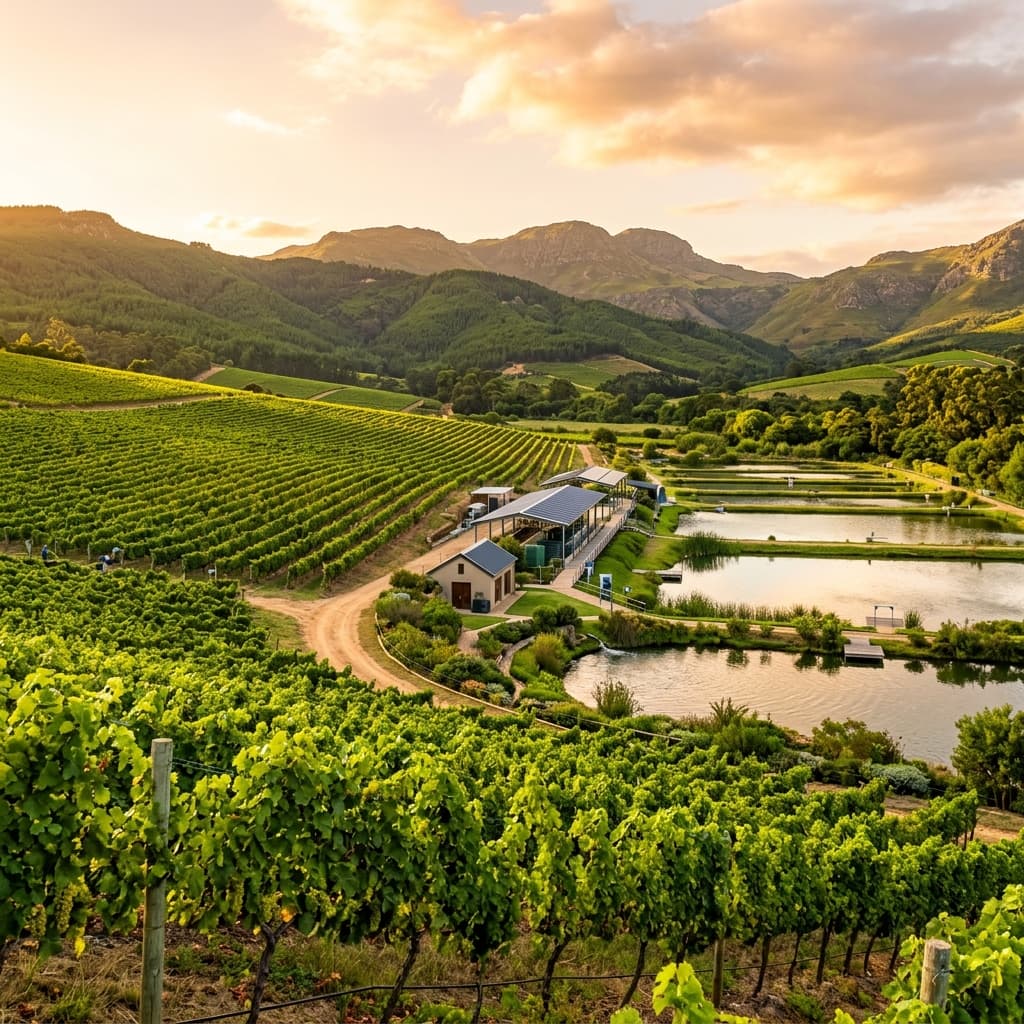 Lush green vineyard and farm landscape at Jannah Farms during golden hour
