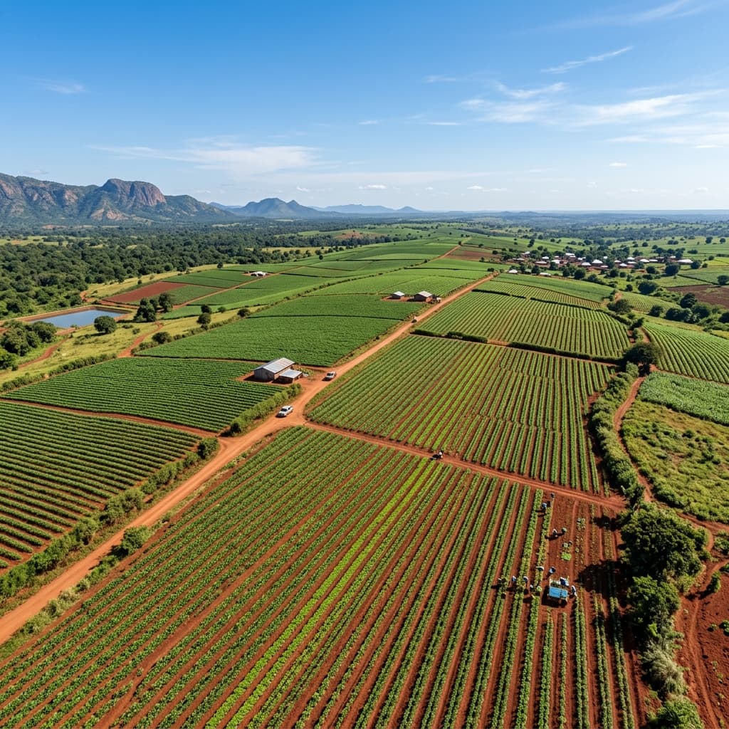 Aerial drone shot of Jannah Farms rich red soil crops in Kaduna