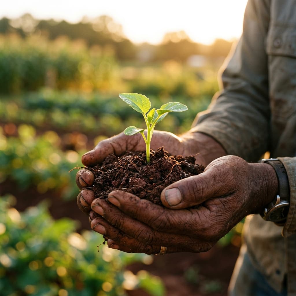 Farmer hands holding red soil and a fresh green seedling